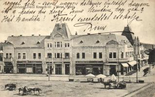 Léva, Levice; Kossuth tér, Városi Vigadó, Kertész Lajos és Holzmann Bódog üzletei, piaci bódék, kiadja Schulcz Ignác / redout, shops, market booths (EK)