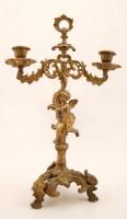 Barokk stílusú bronz gyertyatartó, kétágú, puttó figurával, m:40 cm
