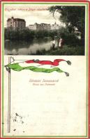 Temesvár, Timisoara; Erzsébet város a Béga részlettel, magyar zászló, tábori bélyegzés a hátoldalon / Elisabeth district with river detail, Hungarian flag, field post cancellation on backside (kopott sarkak / worn edges)