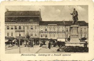 Marosvásárhely, Targu Mures; Széchényi tér, Kossuth szobor, Adi Árpád Kossuth nyomdája, Bútorüzlet, Márványi könyv- és papírüzlet, Csonka fényképészete, Reichardsperg J. és Társa üzlete, Portland Cement hirdetés / square, statue, printing house, furniture shop, book shop, photo studio, Portland cement advertisment; &#039;Marosvásárhely visszatért&#039; So. Stpl. (EB)