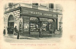 Temesvár, Timisoara; Jenő herceg tér, Takarékpénztár utca sarok, Martin Jakab üzlete / square, shop (EB)