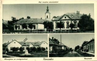 Rimaszécs, Rimavska Sec; Községháza az országzászlóval, Református templom utcarészlettel, kiadja a Lóska Sándor dohánytőzsde / town hall with the National flag, Calvinist church (EK)