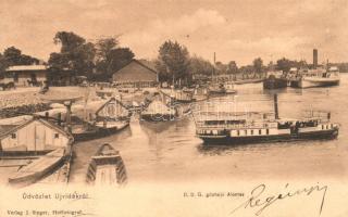 Újvidék, Novi Sad, D.D.G. gőzhajó állomás, gőzhajó, uszály / steamship harbor, steamship, barge