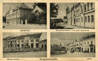 Gyergyószentmiklós, Gherogheni; Járásbíróság, Leánynevelő-intézet a Római Katolikus templommal, Szilágyi szálloda, Főtér / courthouse, girls school with catholic church, hotel (EK)