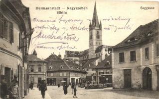 Nagyszeben, Hermannstadt, Sibiu; Saggasse &#039;Zsákutca&#039;, Bell Károly üzlete, templom / street, shop, church (EK)