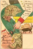 Heil! Deutschland über Alles! / German Empire humorous propaganda card, Bohemian resistance, Ottmar Zieher litho