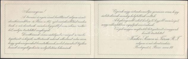 Fischer és Simon Divatházának reklámkártyája, a díjnyertes kirakat grafikájával, 9x14 cm