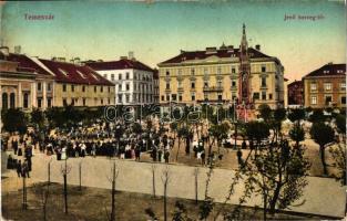 Temesvár, Timisoara; Jenő herceg tér, piac, Turul cipőgyár Részvénytársaság főraktára, Temesi Agrár Takarékpénztár / square, market, shoe shop, bank (EK)