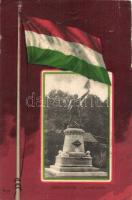 Selmecbánya, Banská Stiavnica; Honvéd szobor, magyar zászló / Hungarian soldier statue, Hungarian flag, litho (vágott / cut)