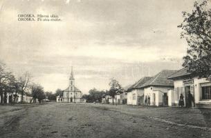 Oroszka, Oroska; Fő utca, templom, Engel Gusztáv vegyeskereskedése / Hlavna ulica / Main street, shop