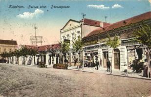 Komárom, Baross utca, Barossgasse, Krausz Samu üzlete, Pannónia Könyvkereskedés; kiadja L. H. Pannónia / street, shops (Rb)