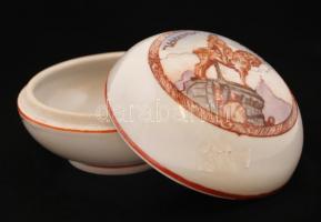 Zsolnay kis bonbonier, részben kézzel festett, jelzett, kopott, m:6 cm, d:9 cm