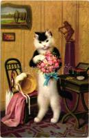 Cat with flower, H.A. 101. D., artist signed litho (EK)