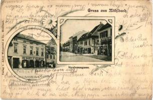 Szászsebes, Mühlbach; Siculorum utca, Josef Baumann, Adolf Weissörtel és Michael Gündisch; kiadja Adolf Weissörtel  / Siculorumgasse / street, shops