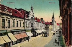 Nagyvárad, Oradea; Rákóczi út, Barabás B., Klein Géza, Újhelyi Róza és Ödön üzlete, villamos / street, shops, tram (EK)