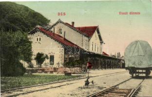 Dés, Dej; vasúti állomás, vasúti kocsi, kiadja Gálócsi Samu könyvkereskedő / railway station, train car (EB)