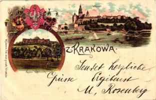 Kraków, Krakowa; Wawel, Zamek Królewski, Kopiec Kosciuszki / castle, mound, Blessed Bronislawa chapel, coat of arms, floral Art Nouveau litho (EK)