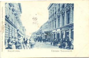 1899 Temesvár, Timisoara; Hunyadi utca, Csendes Jakab üzlete, kiadja Csendes Jakab / street, shop (EK)