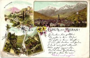 Merano, Meran (Tyrol); Gilfanlage, Zenoburg, Schloss Tirol, floral, litho  (EK)