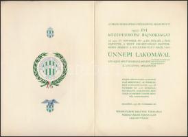 1937 Meghívó a Ferencváros labdarúgócsapata győzelmével végződött Közép Európai Kupa megünneplésére rendezett díszvacsorára. Díszes litho meghívó, hozzá néhány Fradi és Kinizsi cégjelzett boríték.