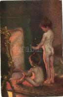 32 db RÉGI motívum képeslap, főleg művész lapok, festmények képeslapokon, vegyes minőség / 32 old mo...