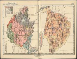 1913  Történelmi Magyarországra vonatkozó tematikus térképek (javarészt társadalmi ill., gazdasági vonatkozásúak), Forrás:  Kogutowicz Károly, Márton Béla: Kereskedelmi iskolai atlasz. Magyar Földrajzi Intézet R. T. (Budapest) , 1913  12db, 16x22cm