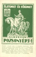 Pozsony, Bratislava; 'Életünket és vérünket áldozzuk Pozsonyért!', irredenta képeslap a lerombolt Mária Terézia szoborral / Hungarian irredenta postcard about the destruction of the Maria Theresia statue