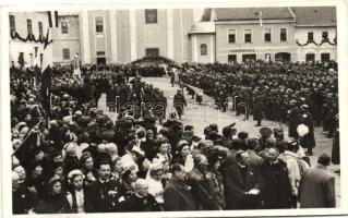 1938 Rozsnyó, Roznava; bevonulás, Tátra Bank, Parfüméria / entry of the Hungarian troops, bank, perfume shop, 'Rozsnyó visszatért' So. Stpl.