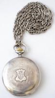 Intact duplafedelű ezüst(Ag) zsebóra, másodpercmutatóval, hibátlan számlappal és üveggel, lánccal(nem ezüst), jelzett, br: 103,2 g