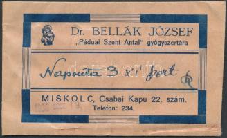 1936 dr. Bellák József &quot;Páduai Szent Antal&quot; , Miskolci gyógyszertári boríték, 7x12cm