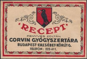 cca 1930-40 Fenyves Zoltán Corvin gyógyszertári boríték, 8x12cm