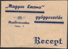 1942 dr. Fazekas Sándor járási m. kir. állatorvos receptje a mezőkeresztesi &quot;Magyar Korona&quot; gyógyszertár borítékjában