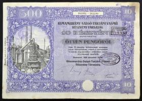 Budapest 1925. "Rimamurány-Salgó-Tarjáni Vasmű Részvény-Társaság" 10 részvénye egyenként 50P-ről szelvényekkel, szárazpecséttel és felülbélyegzésekkel T:III