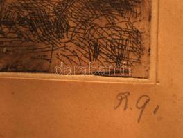 R.G. jelzéssel: Csőszház. Rézkarc, papír, üvegezett keretben, 10×8 cm