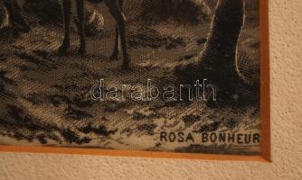 cca 1900 Pihenő szarvasok, szőtt selyem, jelzett (NF, Rosa Bonheur), antik keretben, 8×10 cm