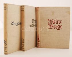 Luis Trenker három regénye: Meine Berger; Berge und Heimat; Berge im Schnee (Berlin, 1935, Verlag von Th. Knaur). Peitler (Palócz) Gyula (1899-1992) orvos, a Magyar Turista Egyesület főtitkára ex libriseivel és tulajdonosi bejegyzéseivel. Vászonkötésben, helyenként foltos lapokkal.