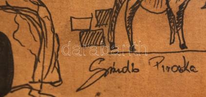 Szántó jelzéssel: Cicák. Tus, papír, üvegezett keretben, foltos,  14×12 cm