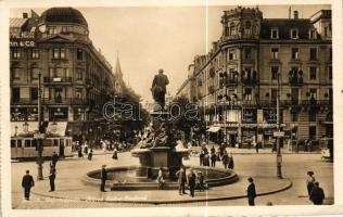 Zürich, Bahnhofplatz, Alfred Escher-Denkmal / square, statue, Hotel National, tram, from postcard booklet (EK)