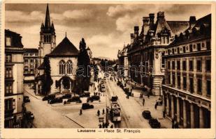 Lausanne, Place St. Francois / square, church, tram, automobiles, from postcard booklet (EK)