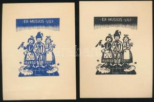 Vadász Endre (1901-1944): Ex musicis Lili. 2(×)  Fametszet, papír, jelzett  a dúcon, két színben 5,5×4 (2×) cm