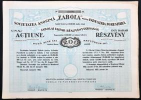 Románia / Bukarest 1922. "Zabolai Faipar Részvénytársaság" részvénye 200L-ről szelvényekkel T:I-Romania / Bucharest 1922. "Zabola Wood Industry Company Ltd." share about 200 Lei with coupons C:AU