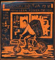 Takács Dezső (1933-): Mindenki boltja. Színes linó, papír, jelzés nélkül. 13×12 cm