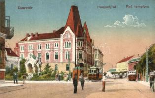 Temesvár, Hunyadi út, Református templom, villamos; kiadja a Polatsek-féle könyvkereskedő / street, calvinist church, tram