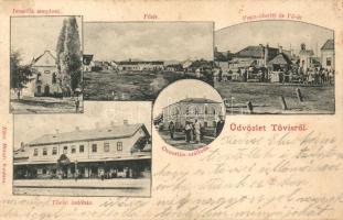 Tövis, Teius; Izraelita templom, zsinagóga,  Fő tér, Piac, Fő út, Oroszlán szálloda, Tövisi indóház, kiadja Klein Mihály / synagogue, main square, market, street, hotel, railway station