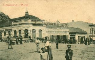 Szilágysomlyó, Simleu Silvaniei; Piac tér, Frankovits Ignácz, Tompa Arthur és Rosenberger Ármin üzlete, Lajos Hengermalom / market square, shops (Rb)