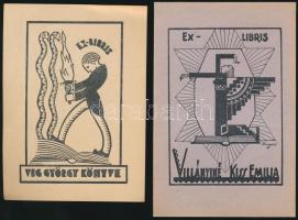 Dinnyés Ferenc  (1886-1958): Ex libris, Víg György és Villányiné Kiss Emilia (2db). Fametszet, papír, jelzett a dúcon, 8×6 cm (2×)