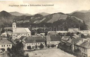 Nagybánya, Református templom, Vajda Márton üzlete; Kovács Gyula kiadása / square with calvinist church and shops