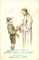 Cserkész és Jézus Krisztus, A rákosligeti 264. Hunyadi János cserkészcsapat nagytábora bélyegzéssel, Korvin Testvérek kiadása / Scout with Jesus, cancellation of the Hungarian 264th scout group on the picture side, s: Márton L. (EB)