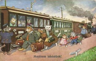 Majdnem lekéstünk / travelling cats, Thiele style postcard