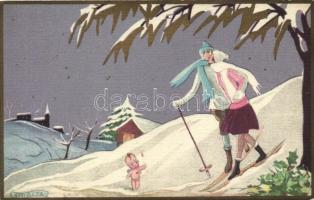 Art Deco Italian postcard, skiing couple Ballerini &amp; Fratini 302. s: Chiostri